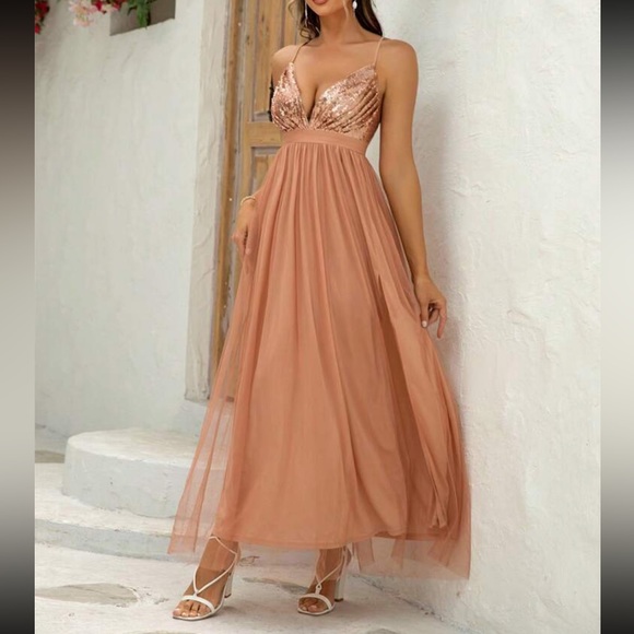 Luxe champagne sequins open back party formal evening wedding gown dress - Picture 5 of 6